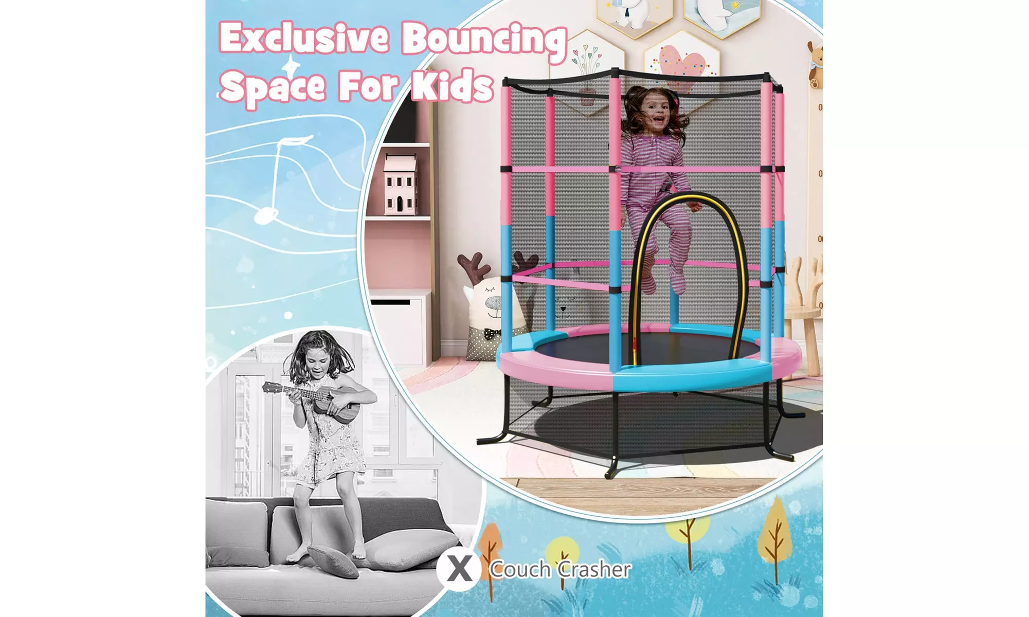 Youth Jumping Round Trampoline 55'' Exercise W/ Safety Pad Enclosure Combo Kids