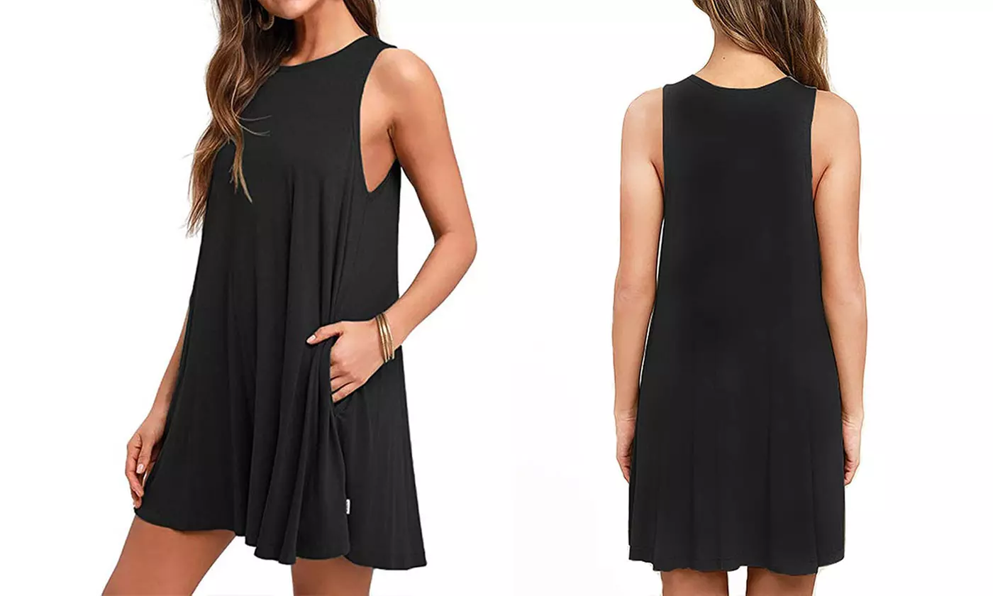 Women's Summer Sleeveless Round Neckline T-Shirt Loose Dress with Side Pockets