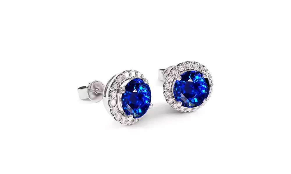 3.00 CTTW Sapphire Halo Sterling Silver Studs by Valencia Gems - Primary Image