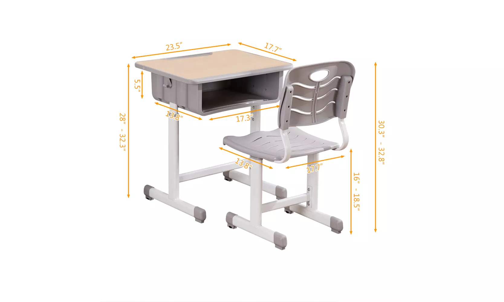 Adjustable Students Children Desk and Chairs Set Light Grey