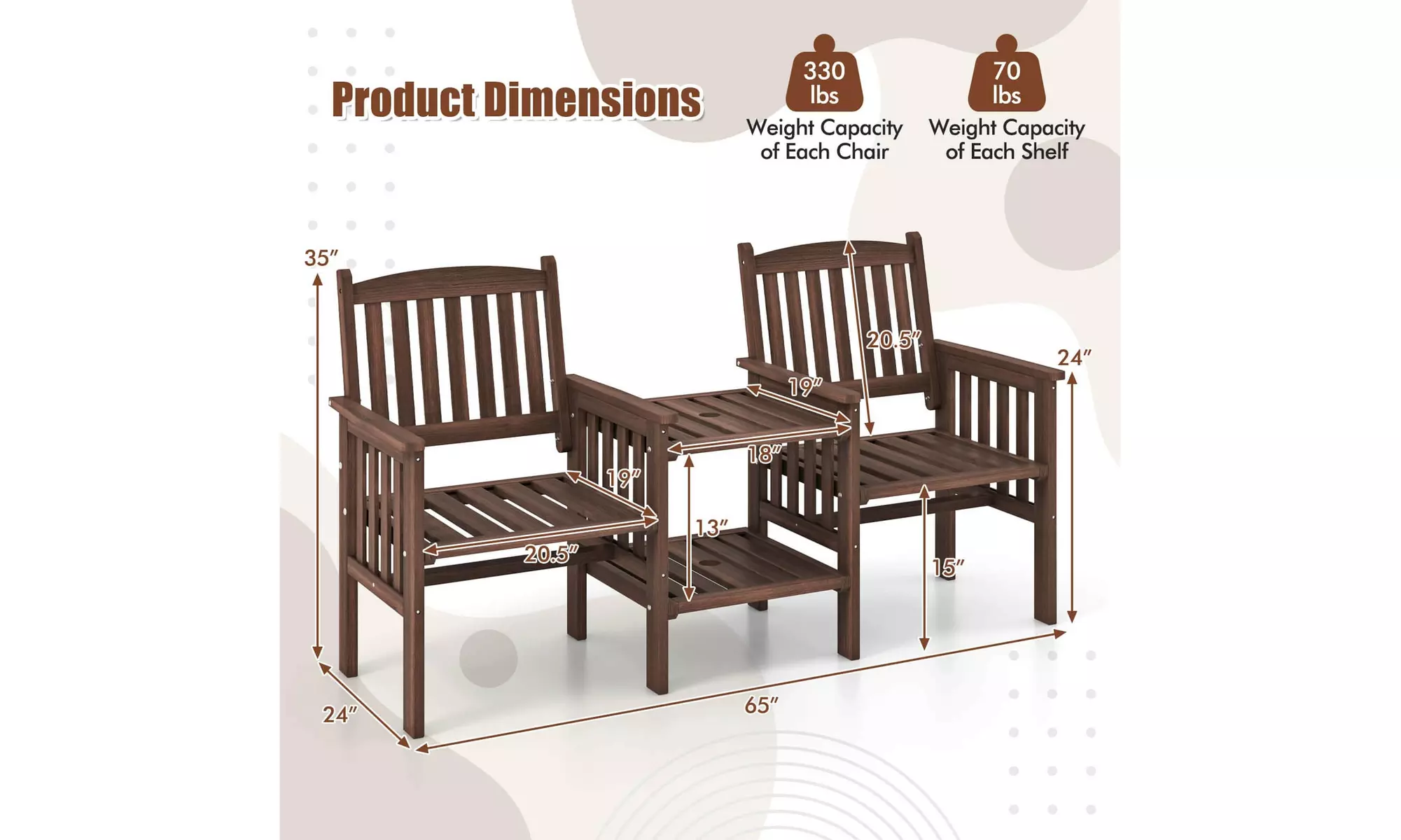 Costway Outdoor Fir Wood Loveseat with 2-Tier Side Table and 1.96" Umbrella Hole