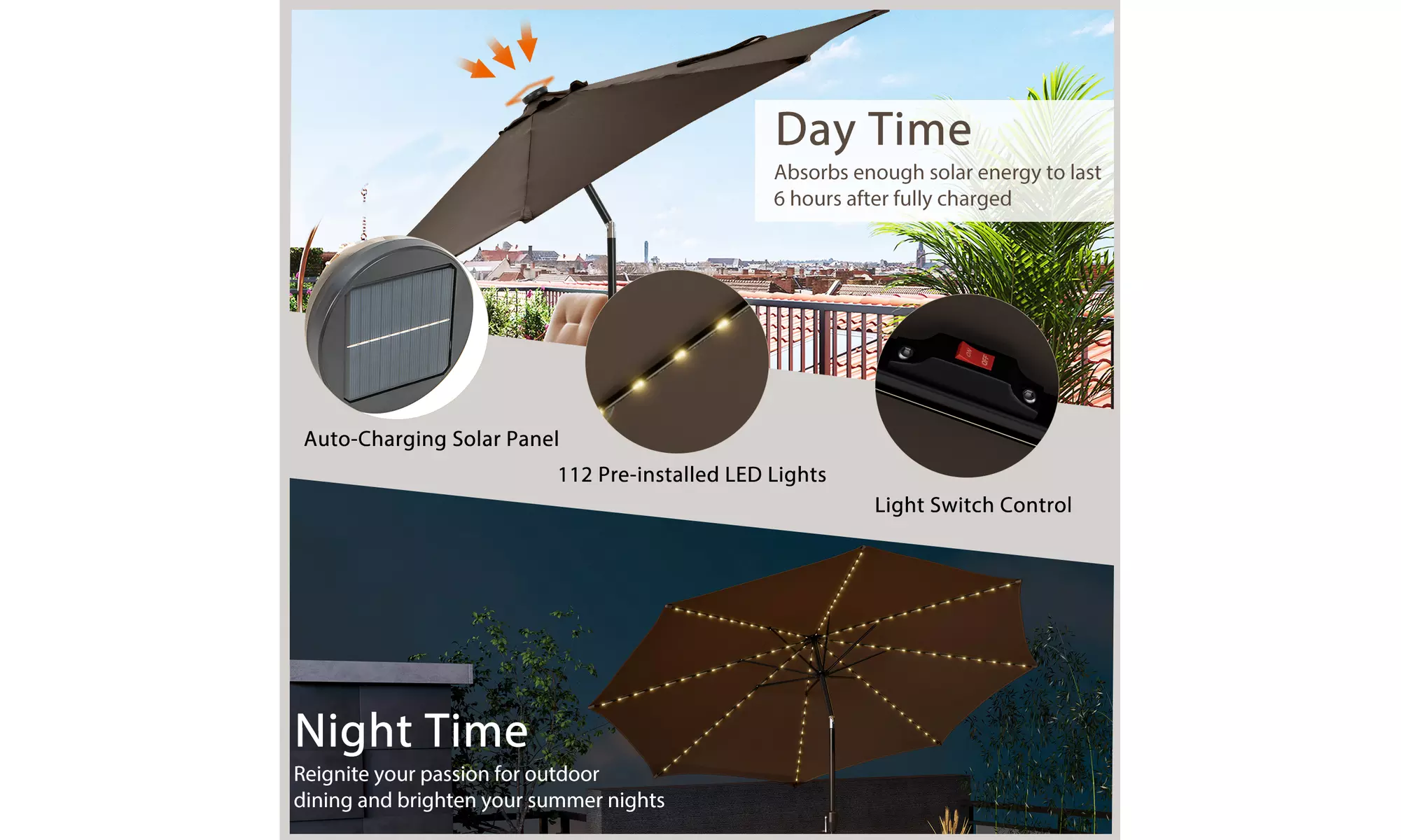 Costway 10 FT LED Solar Lighted Patio Umbrella With Crank Tilt