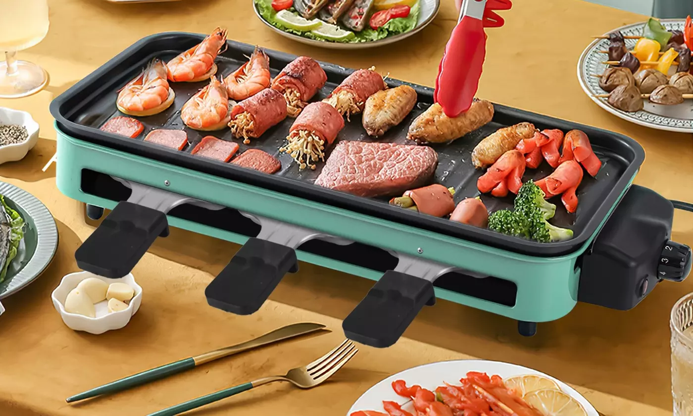 NewHome 1500W 2-In-1 Electric Indoor BBQ Grill with Grill Net and Raclette Trays