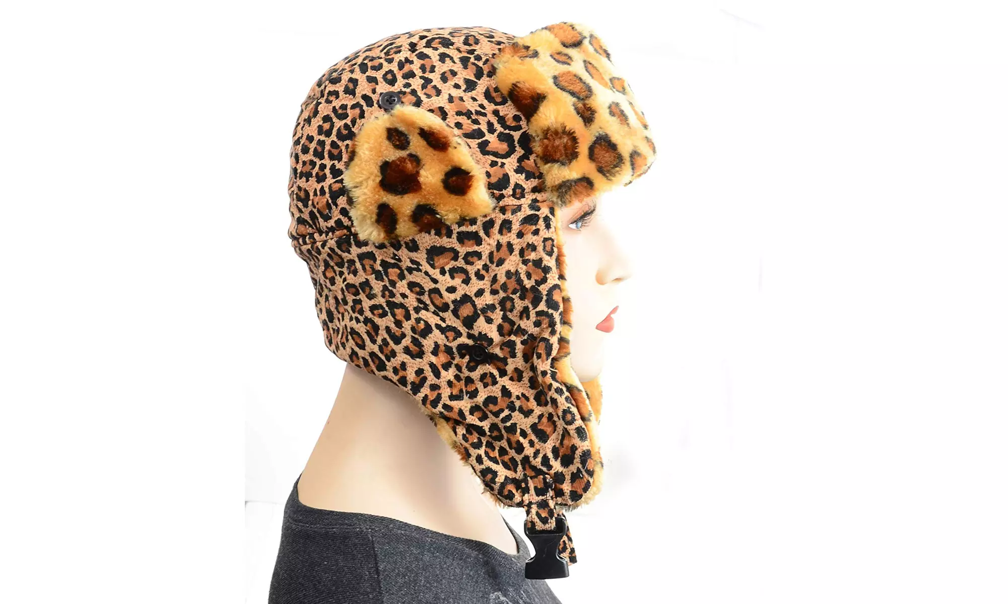 Furry Vegan Friendly Leopard Cold Weather Ushanka Trapper Hat - Primary Image