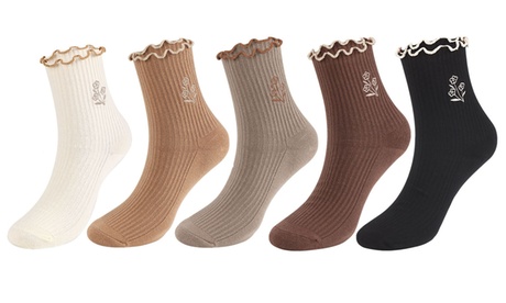 Womens Breathable Cotton Knit Ruffle Turn-Cuff Casual Ankle Socks(5 Packs) Khaki 5 Pack