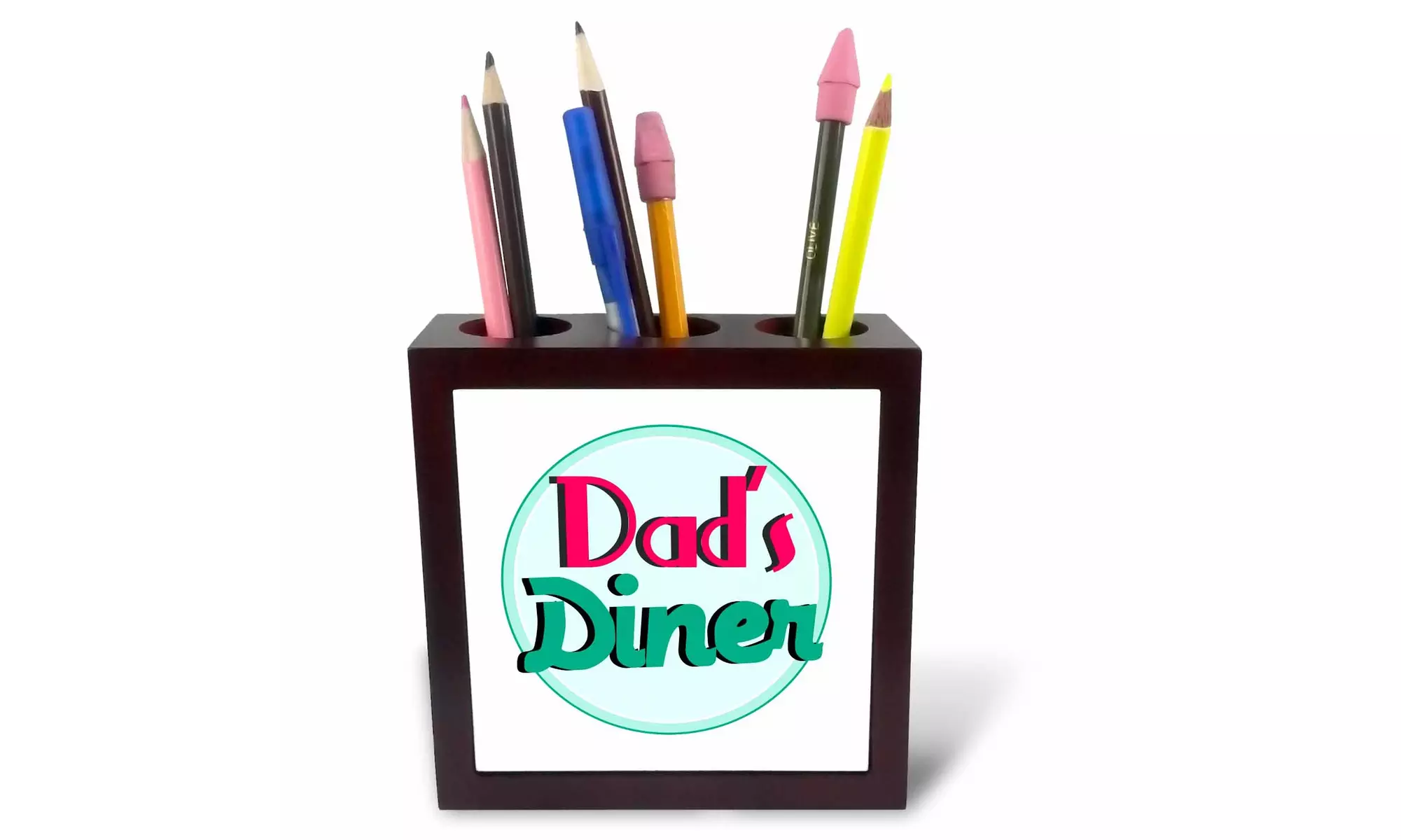  Tile Pen Holder - Dads Diner on white - Retro hot pink turquoise teal blue 195 - Primary Image