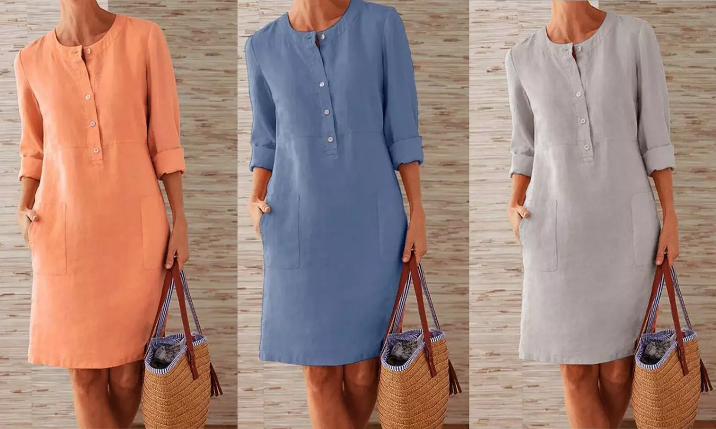 Women's Autumn Cotton and Linen Round Neck Long Sleeve Dress - Primary Image
