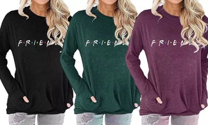 Women Casual Friends Graphic T Shirt Long Sleeve Tunics Tops With Pockets