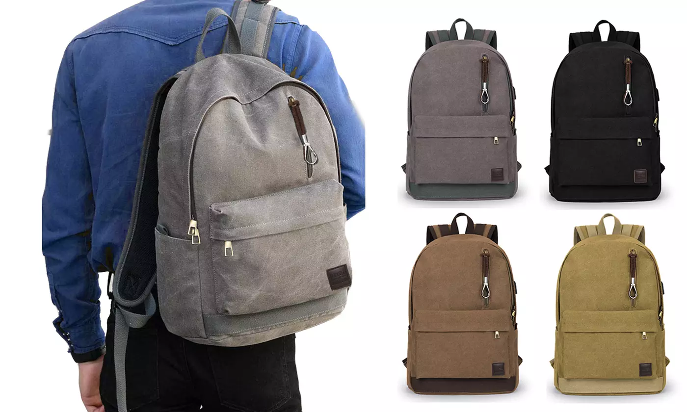 Waterproof Canvas Laptop Backpack With USB Charging College - Primary Image