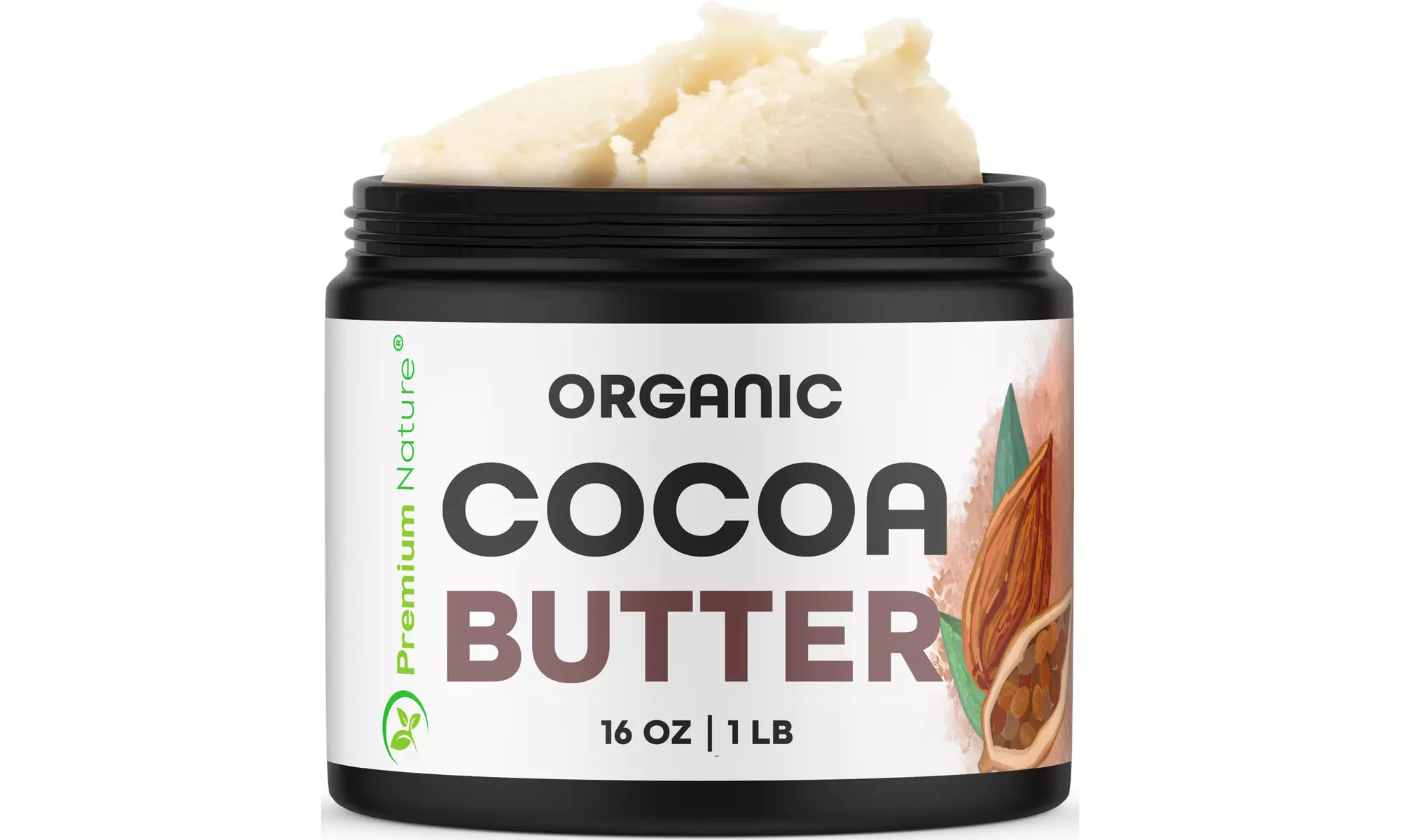 100% Cocoa Butter Organic Unrefined 16 oz jar from Premium Nature - Primary Image