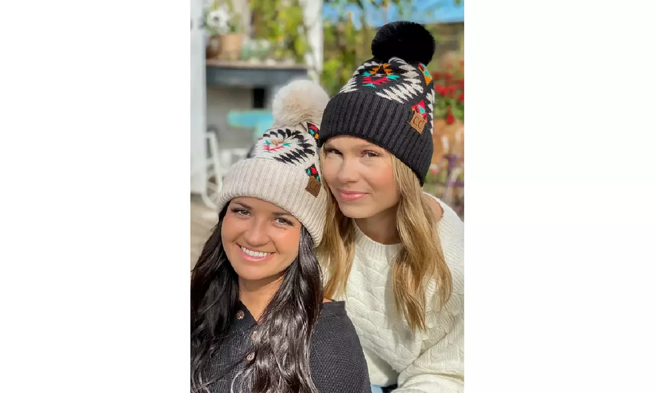 CC Fur Pom Aztec Pattern Trendy Chunky Stretchy Cable Knit Beanie Hat - Primary Image