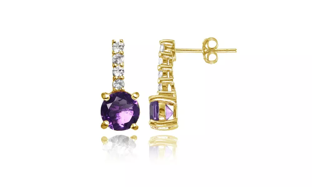 Yellow Gold Flashed Silver African Amethyst & White Topaz 5-Stone Drop Earrings