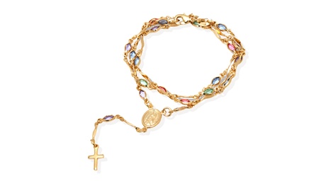 18K Gold Plated 18 Multi Color Crystal Virgin Mary And Cross Charm Crystal Gold Plated Brass