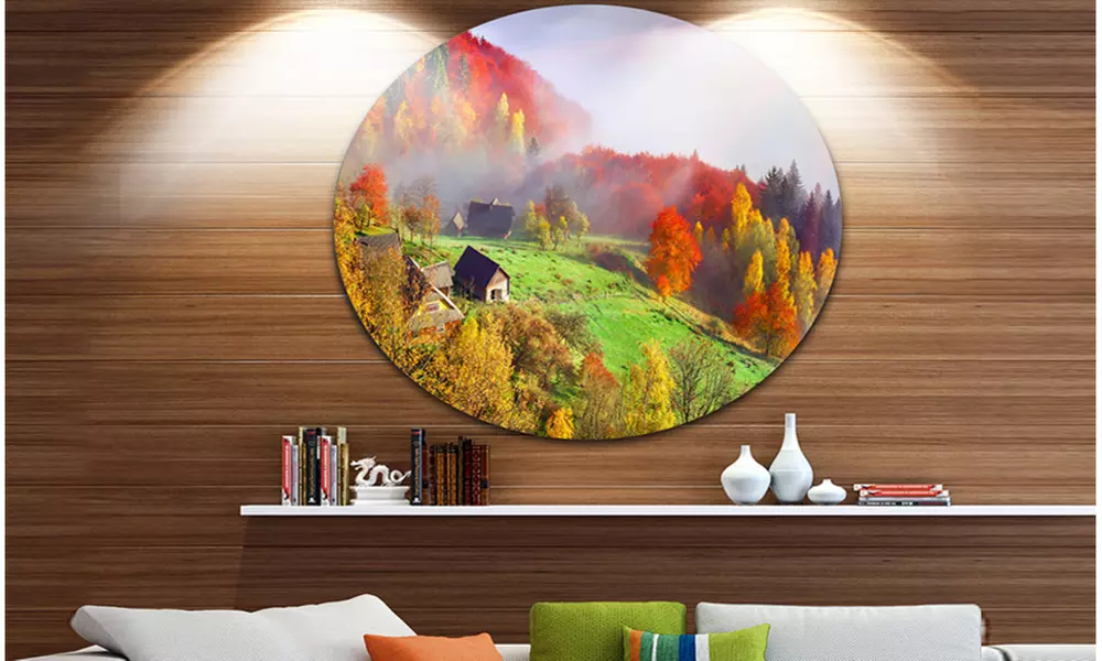 Colorful Mountain Village' Landscape Photo Circle Metal Wall Art - Primary Image