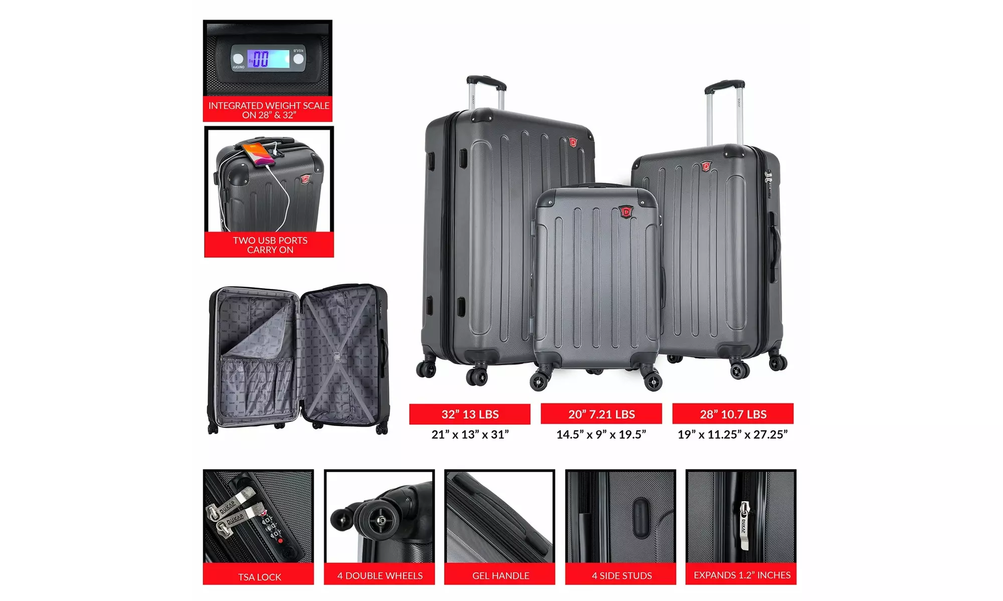 Three-Piece DUKAP Intely Smart Hardside Luggage Set 20"/28"/32"