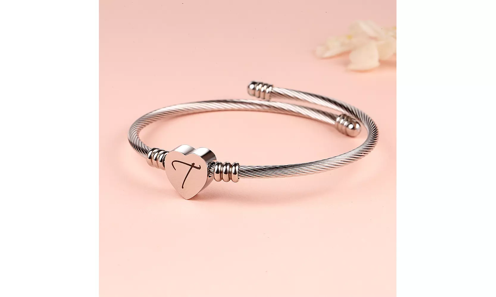Twisted Steel Heart Cable Initial Bracelet