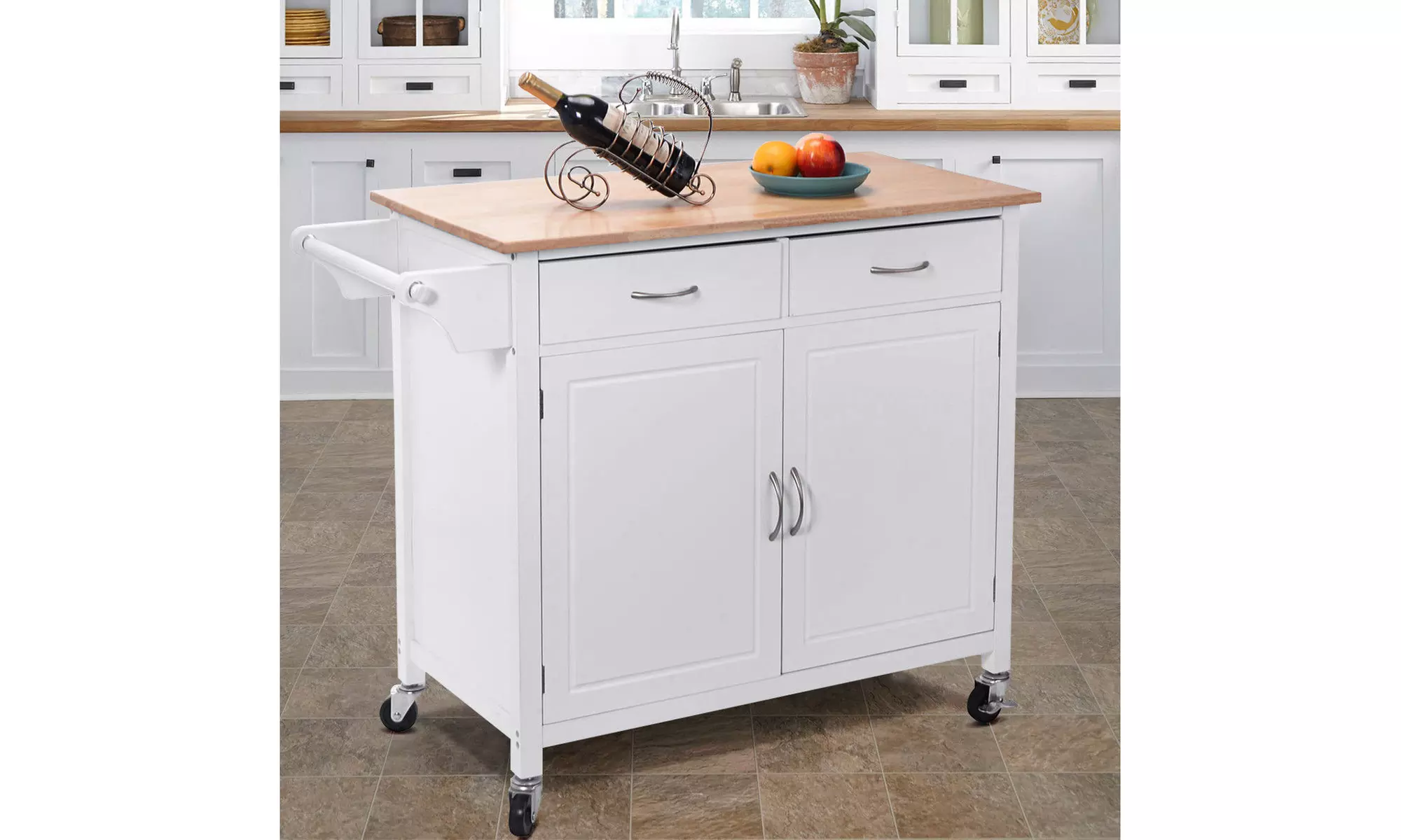 Rolling Kitchen Cart Island Wood Top Storage Trolley Cabinet Utility Modern