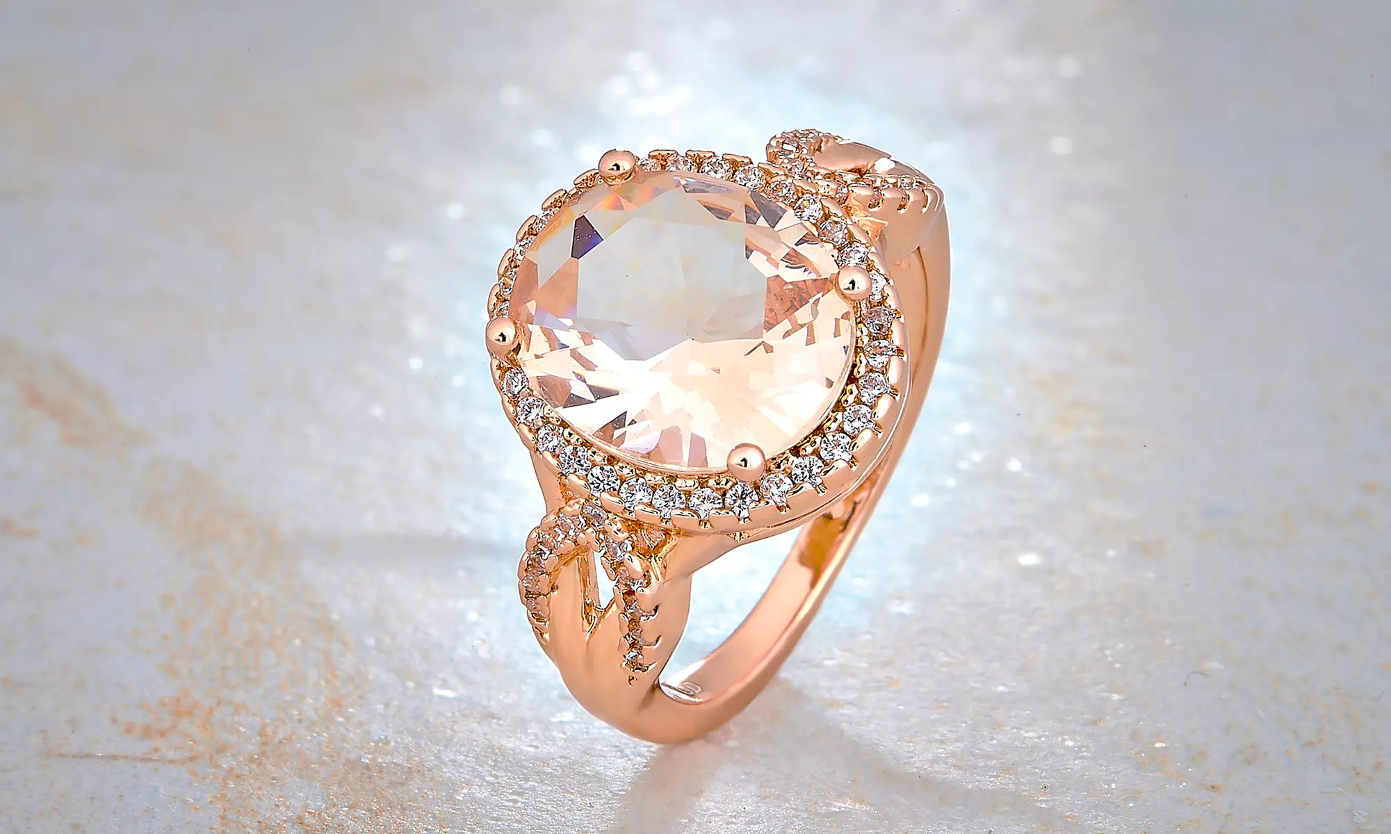 Rose Gold Tone Morganite and White CZ Ring Fashion Jewelry for Women Teen Girls