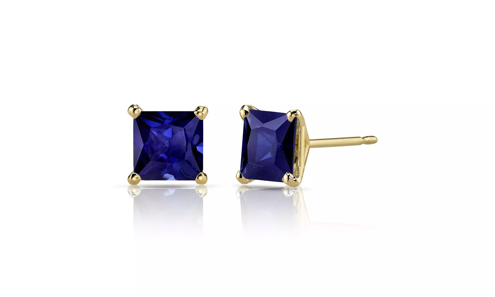 24k yellow gold plated 3 Cttw Princess Blue Sapphire Stud Earrings. - Primary Image