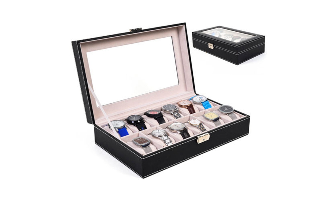 PU Leather Watch Cushion Display Glass Top Organizer Box(6,10,12,20,24 Slots)