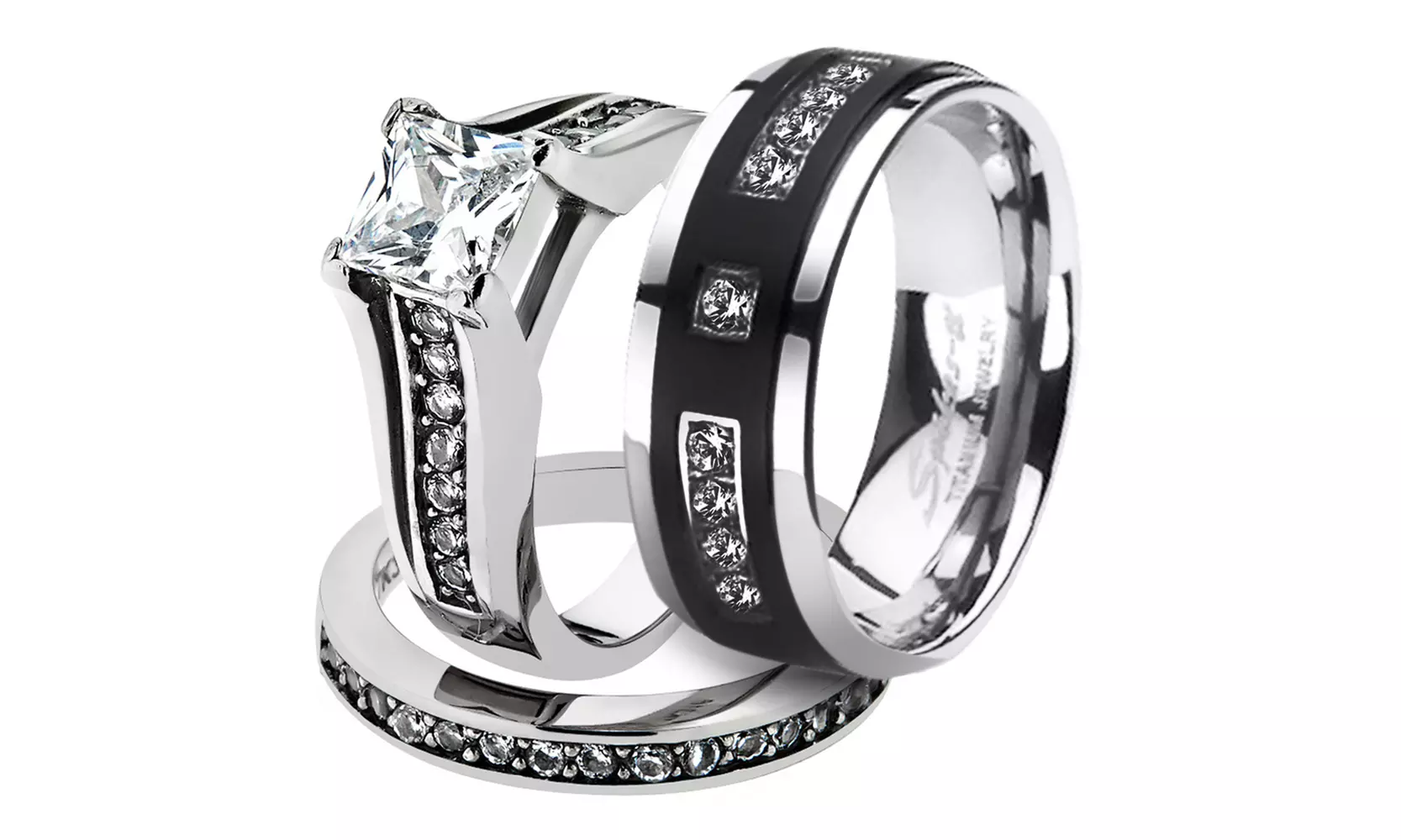 His & Her Stainless Steel 2.10 Ct Cz Bridal Set & Men's Titanium Band - Primary Image