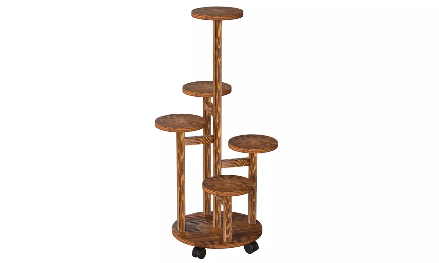 NewHome 5-Tier Wooden Plant Stand Shelf Tall Rolling Flower Pot Holder Rack