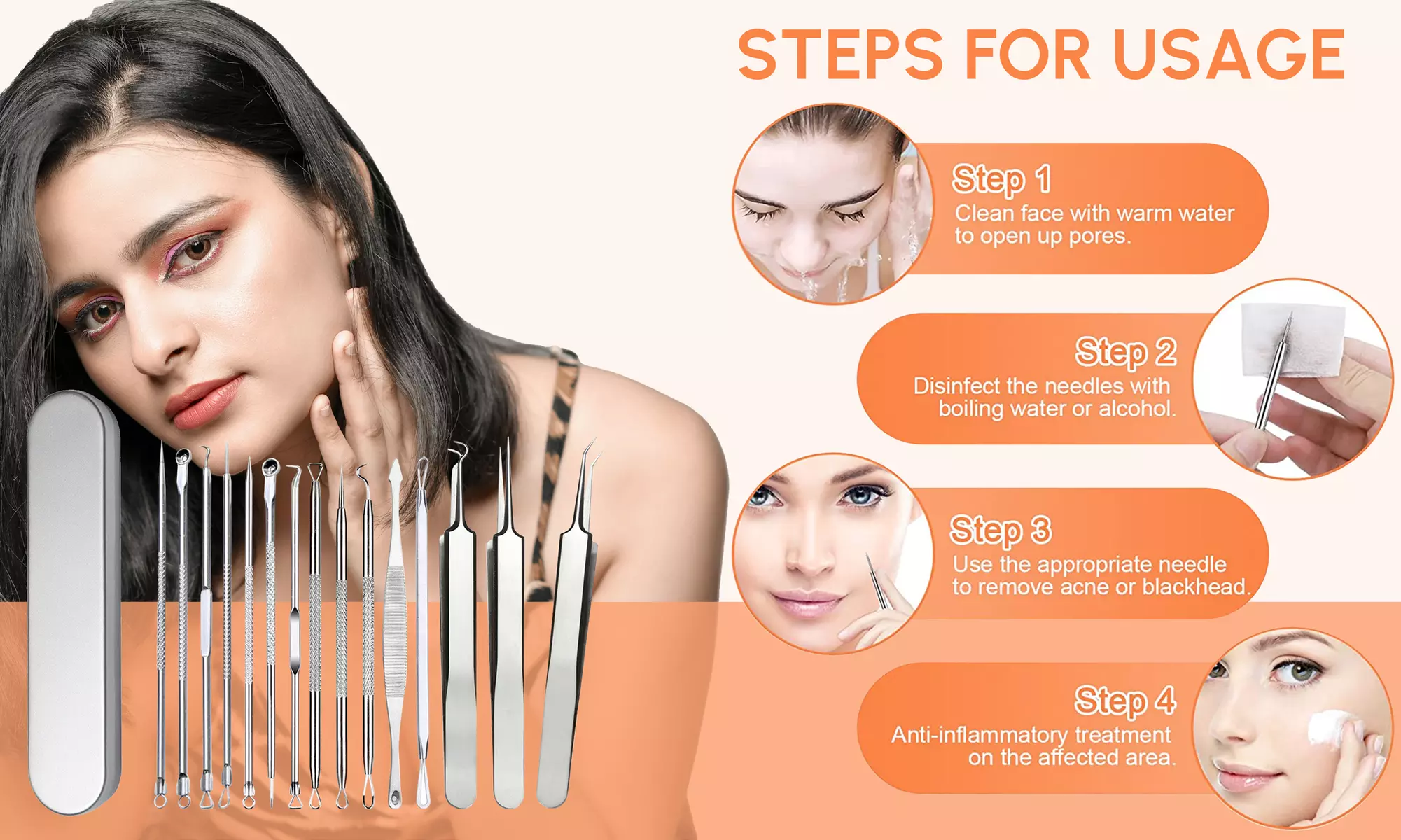 Blackhead Remover Tool Comedo Acne Removal Kit 15 Pcs Zit Removing for Nose Face - Second Medium