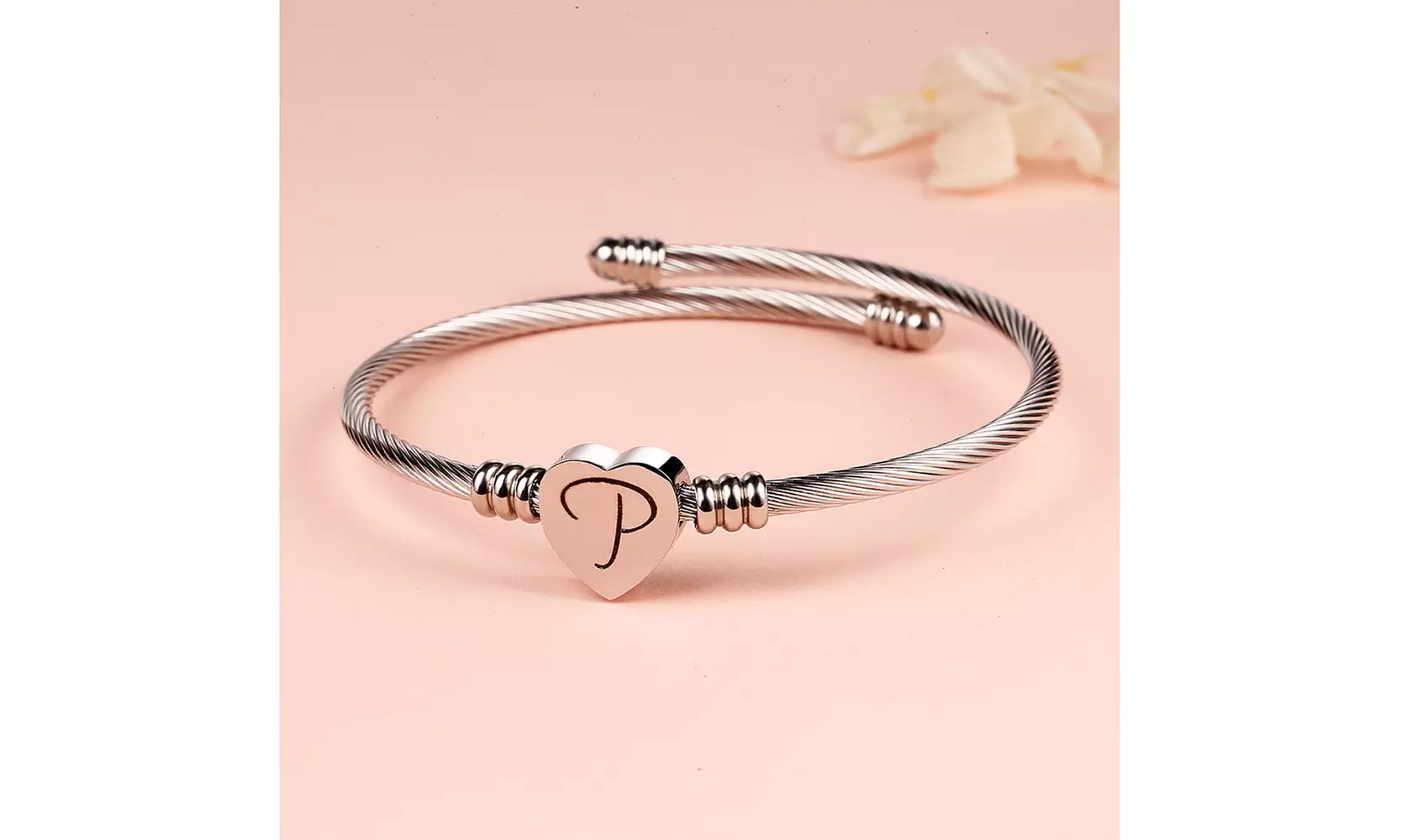 Twisted Steel Heart Cable Initial Bracelet