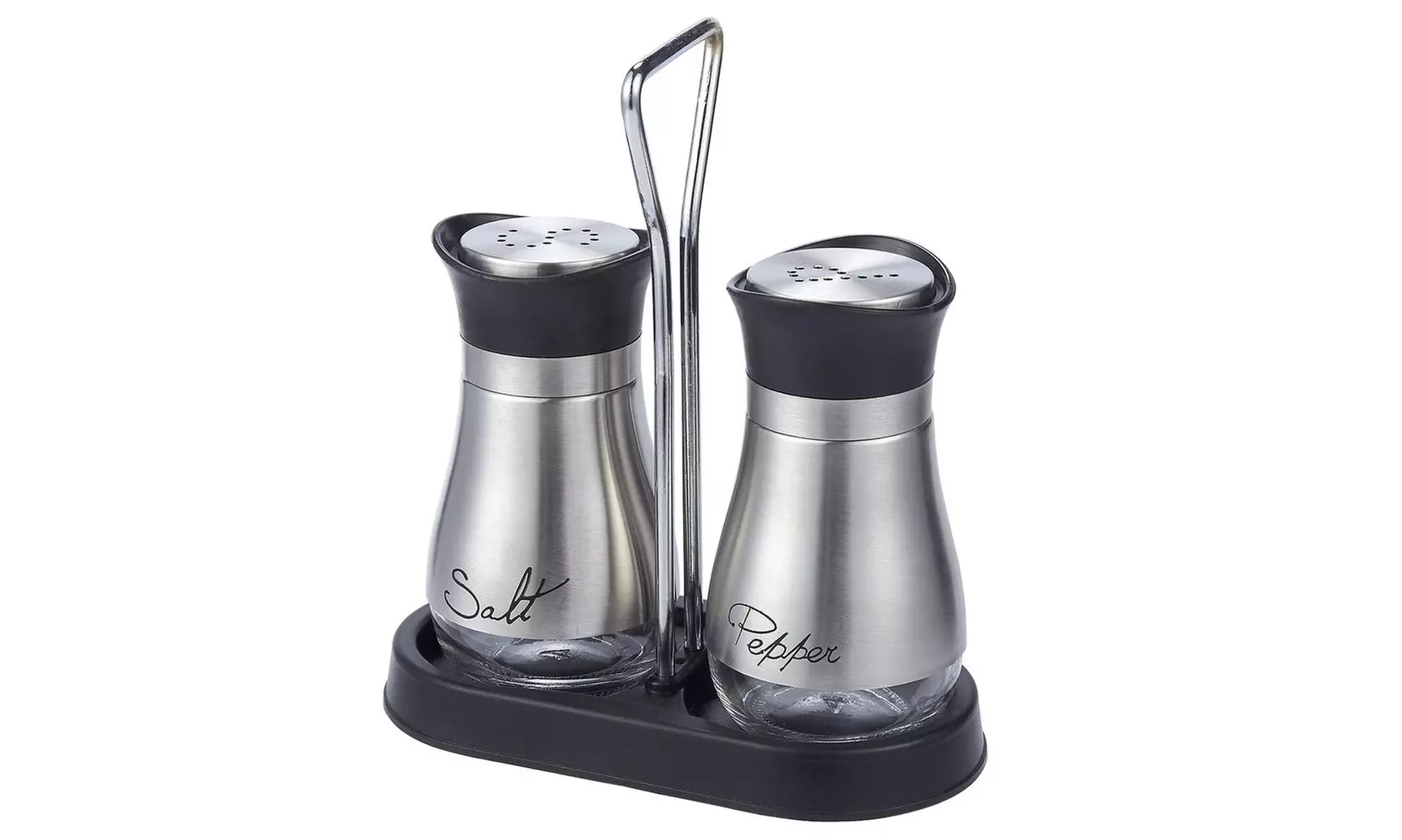 Elegant BPA Free Salt Pepper Shakers Stainless Steel Glass Set With Stand, 4oz - Primary Image