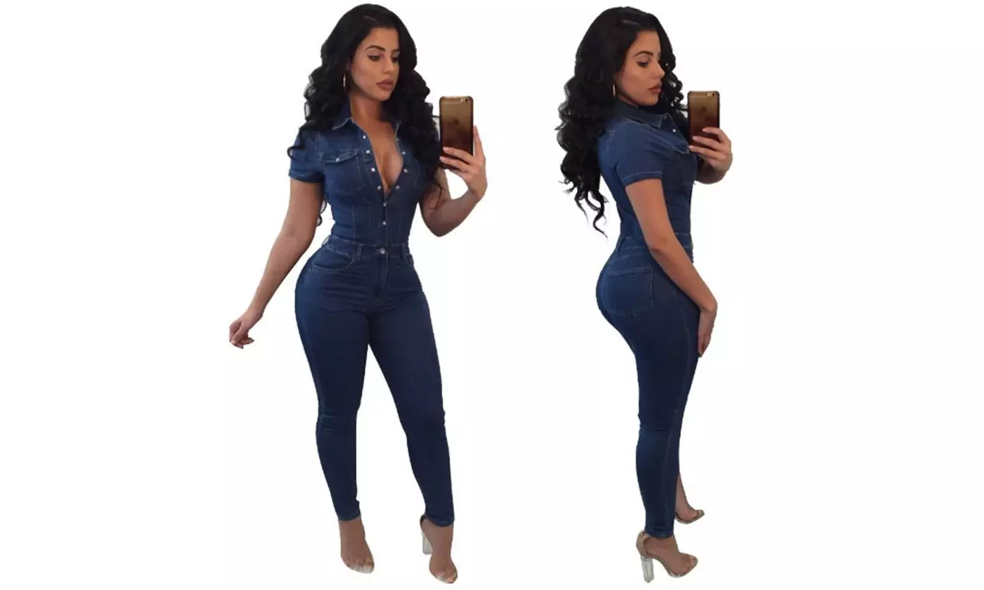 Jumpsuits for Women, Sexy V Neck Jeans Denim Bodycon Jumpsuit Rompers - Primary Image