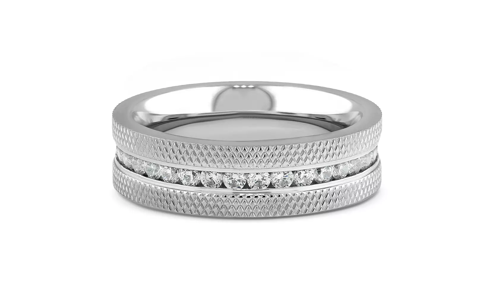 His & Hers Stainless Steel 3 Piece Cz Wedding Ring Set & Eternity Band