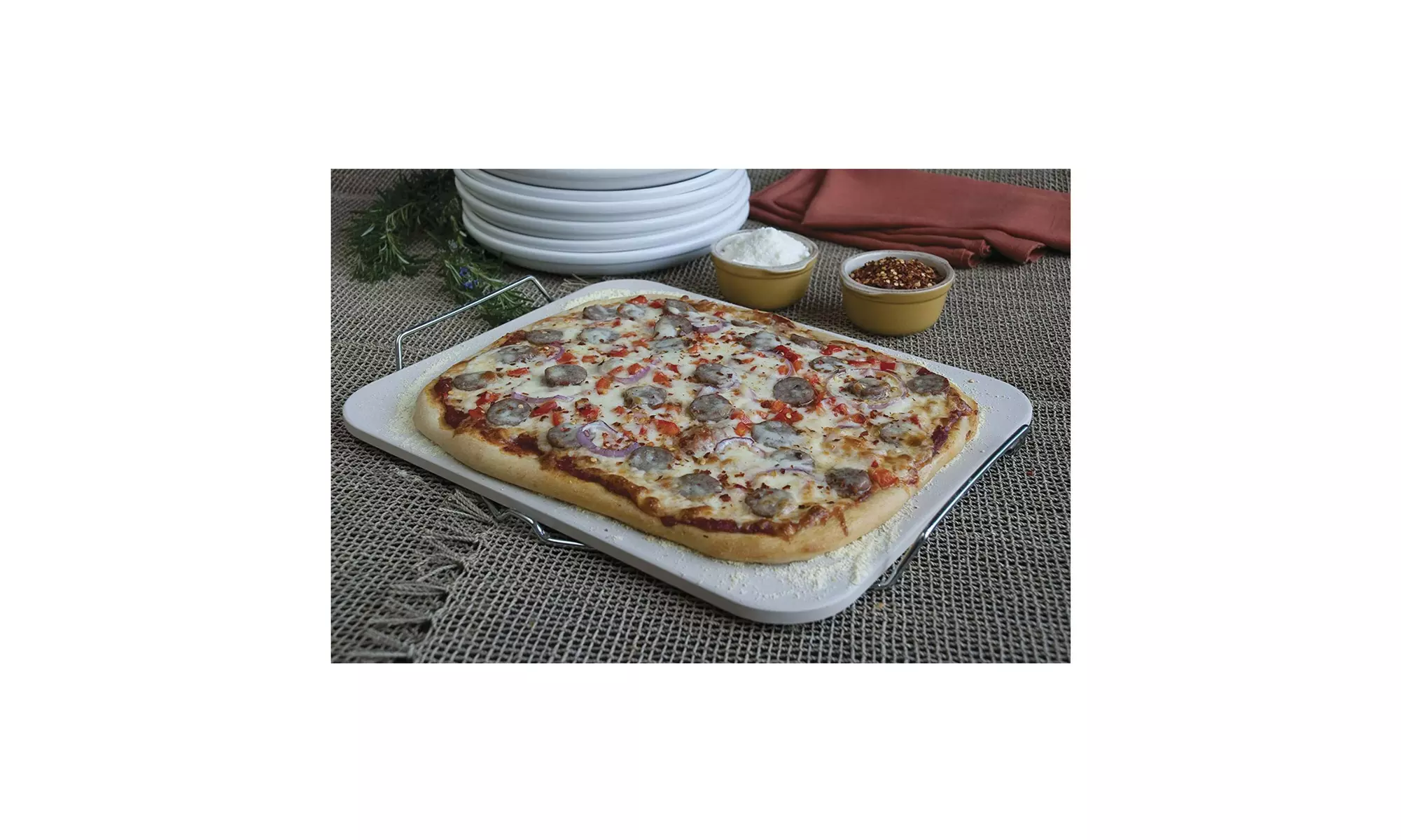 Pizzacraft Rectangular Ceramic Pizza Stone with Wire Frame (15 x 12 inch) - Second Medium