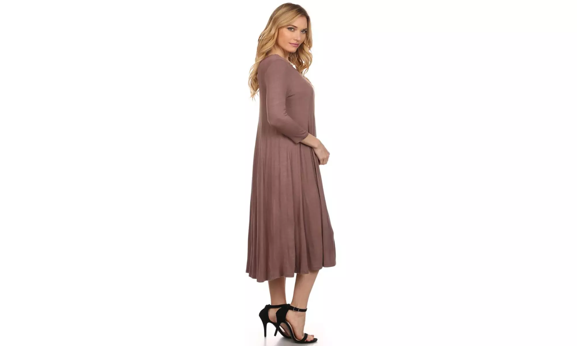 Women's Solid Casual Comfy 3/4 Sleeve Loose Fit A-line Midi Dress