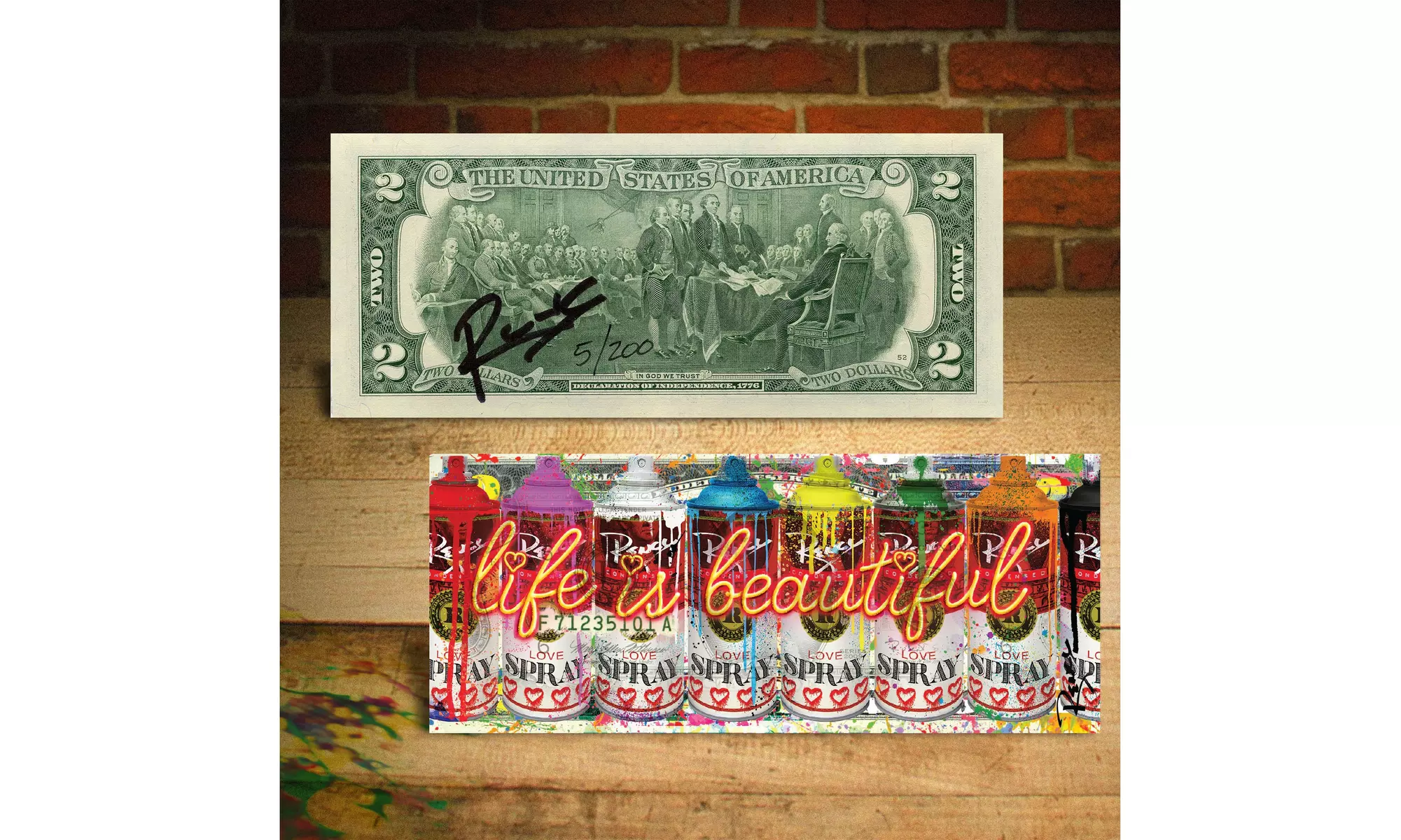 Life is Beautiful - LOVE Spray Cans Two-Dollar Bill Signed / Numbered of 200