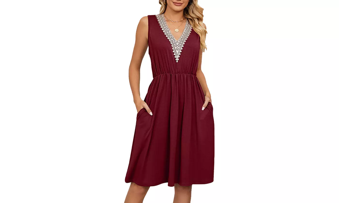 Women's Casual V-Neck Summer Dresses Sleeveless Midi Sundress with Side Pockets