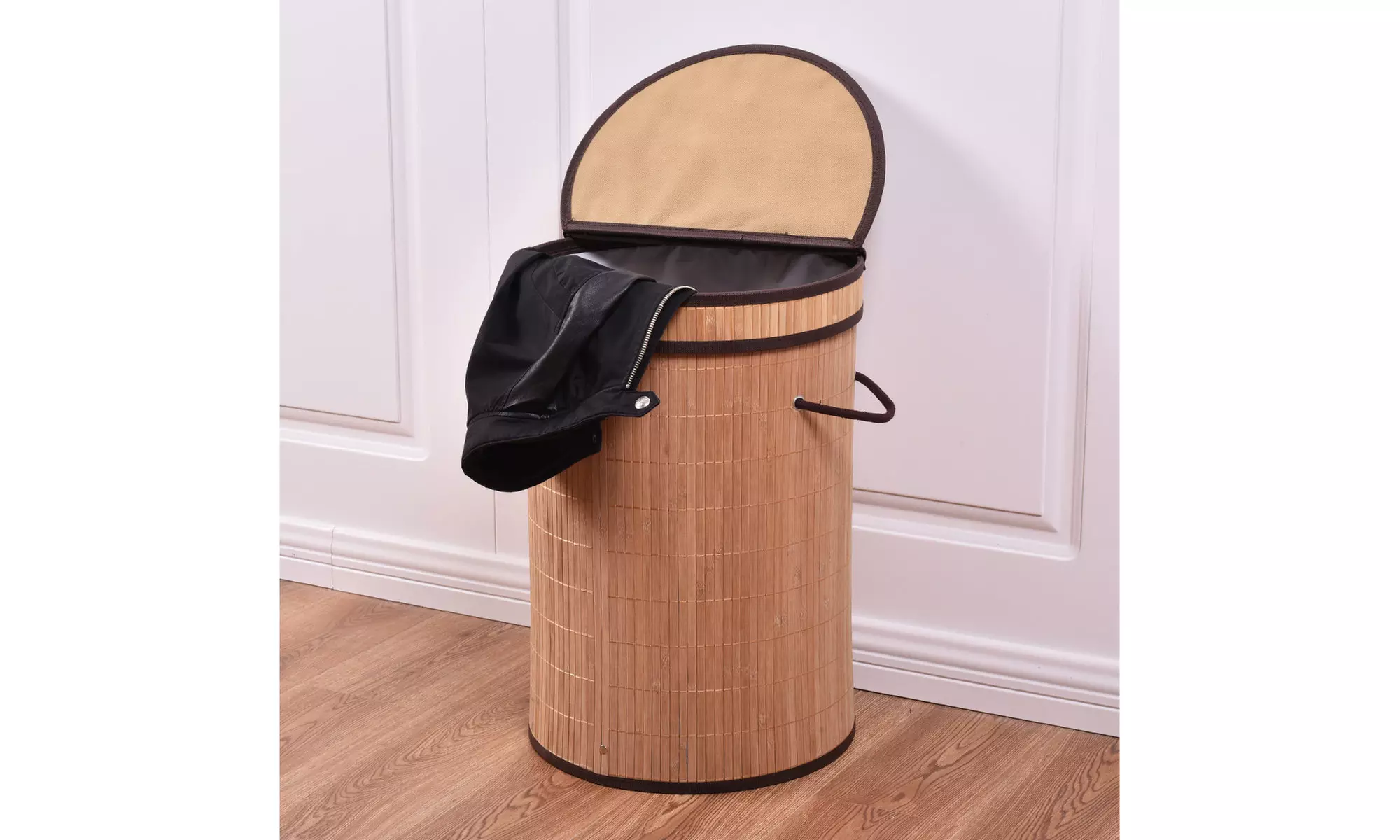 Round Bamboo Hamper Laundry Basket Washing Cloth Storage Bin Bag W/Folding Lid  - Primary Image