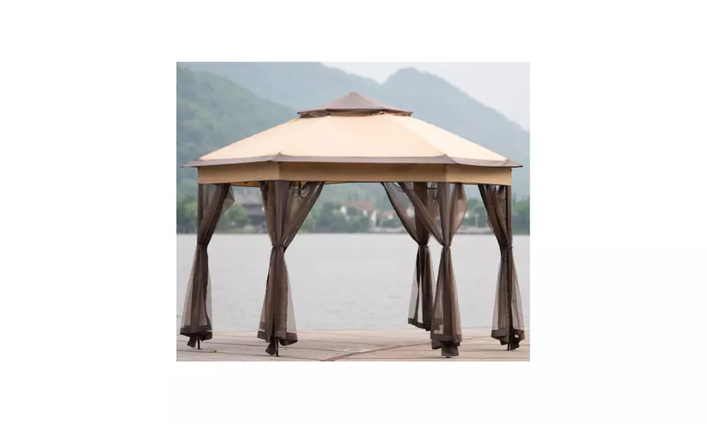 U-style Iron hexagon Patio Gazebo khaki - Primary Image