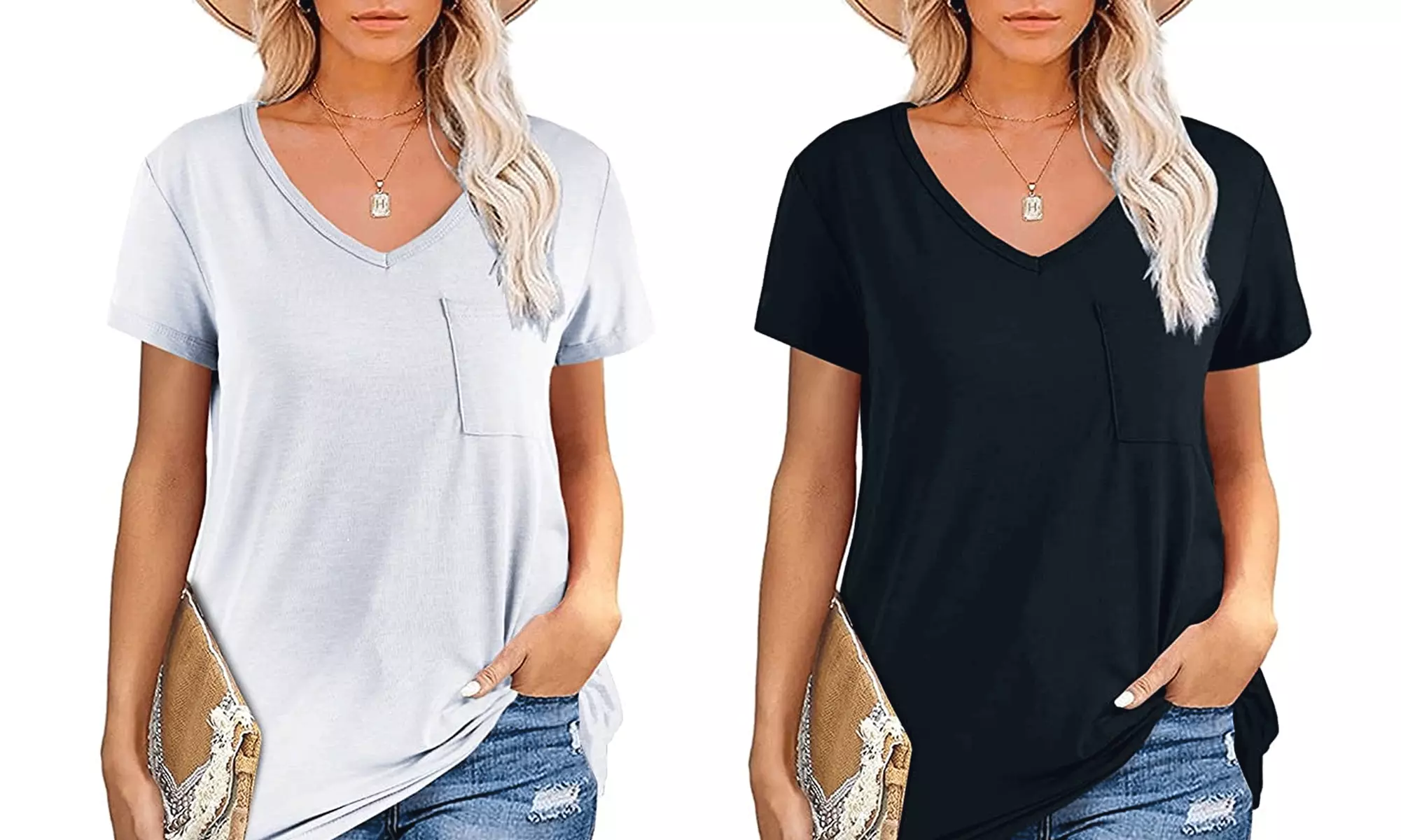 2 Pcs Women's V Neck Short Sleeve Basic Tunic Tops Loose Cotton Tee with Pocket - Primary Image