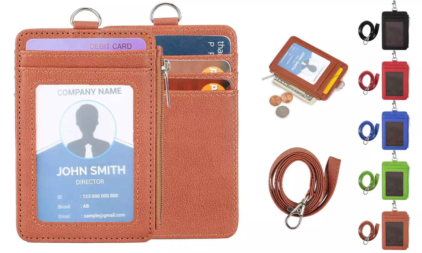 PU Leather Detachable Neck Lanyard ID Badge and Card Holder