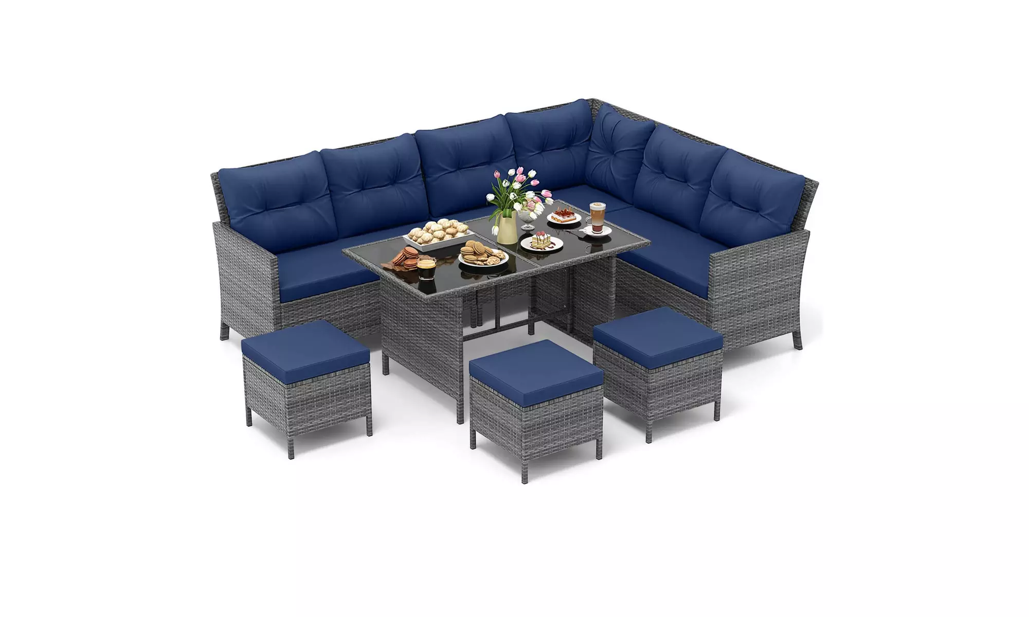 Costway 7-Piece PE Rattan Patio Dining and Sectional Sofa Set