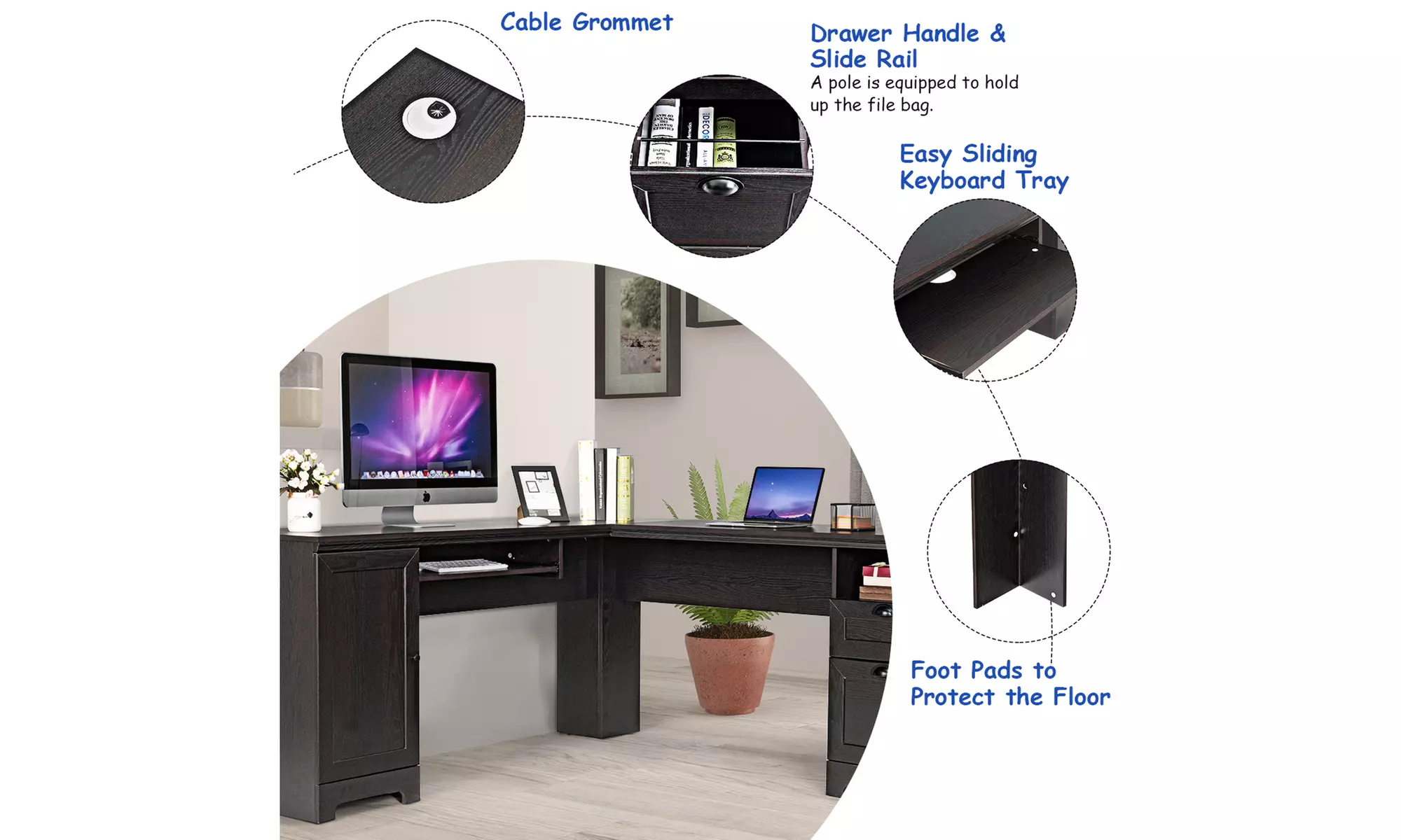 L-Shaped Corner Computer Desk Writing Table Study Workstation w/ Drawers Storage