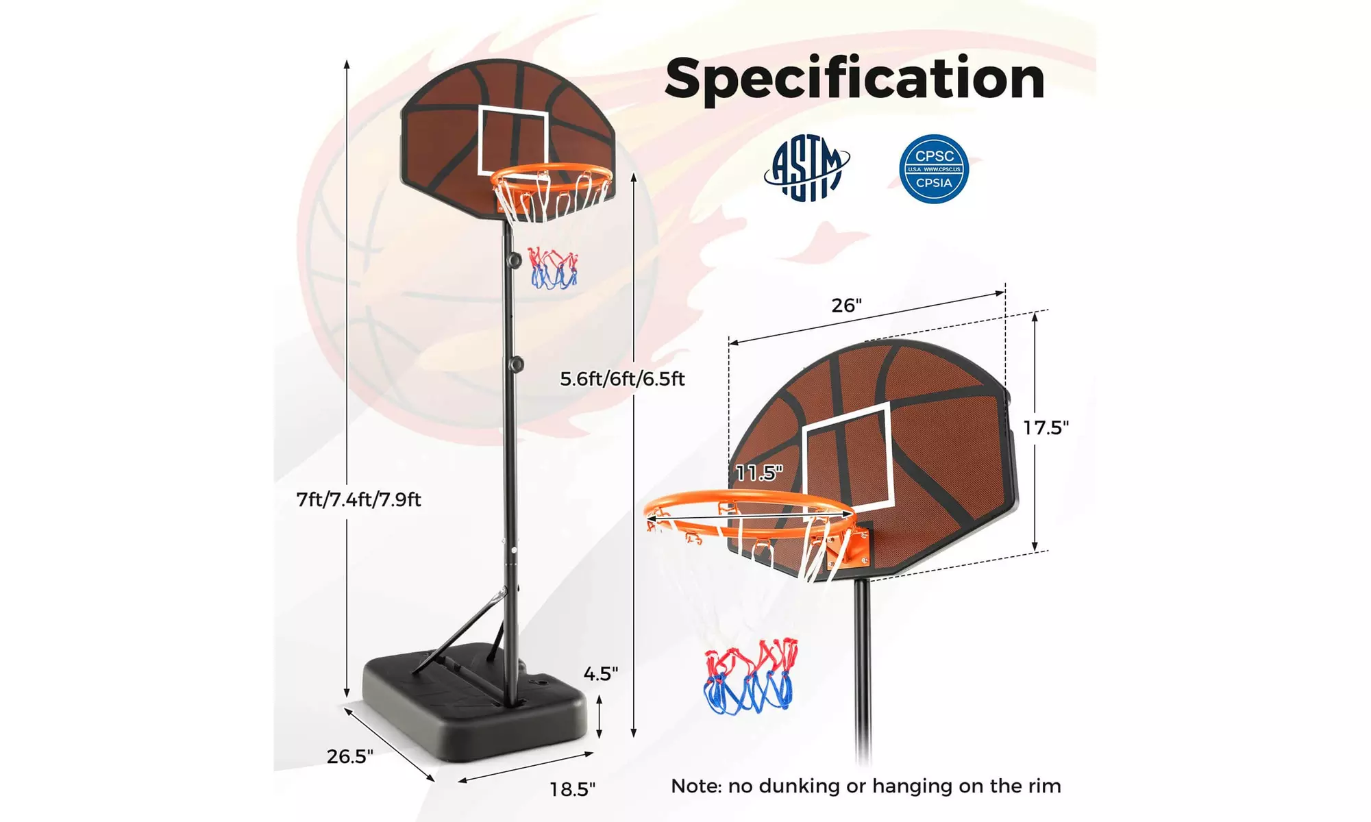 Basketball Hoop 5.6-6.5 FT Height Adjustable for Kids w/ Shatterproof Backboard