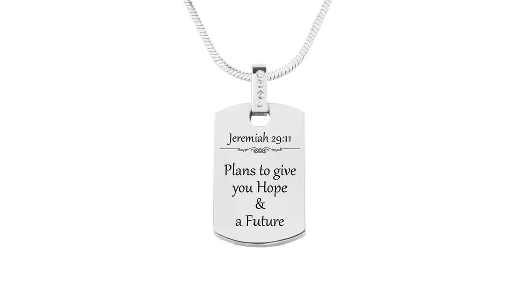 Solid Stainless Steel Scripture Tag Necklace with Cubic Zirconia by Pink Box - Primary Image