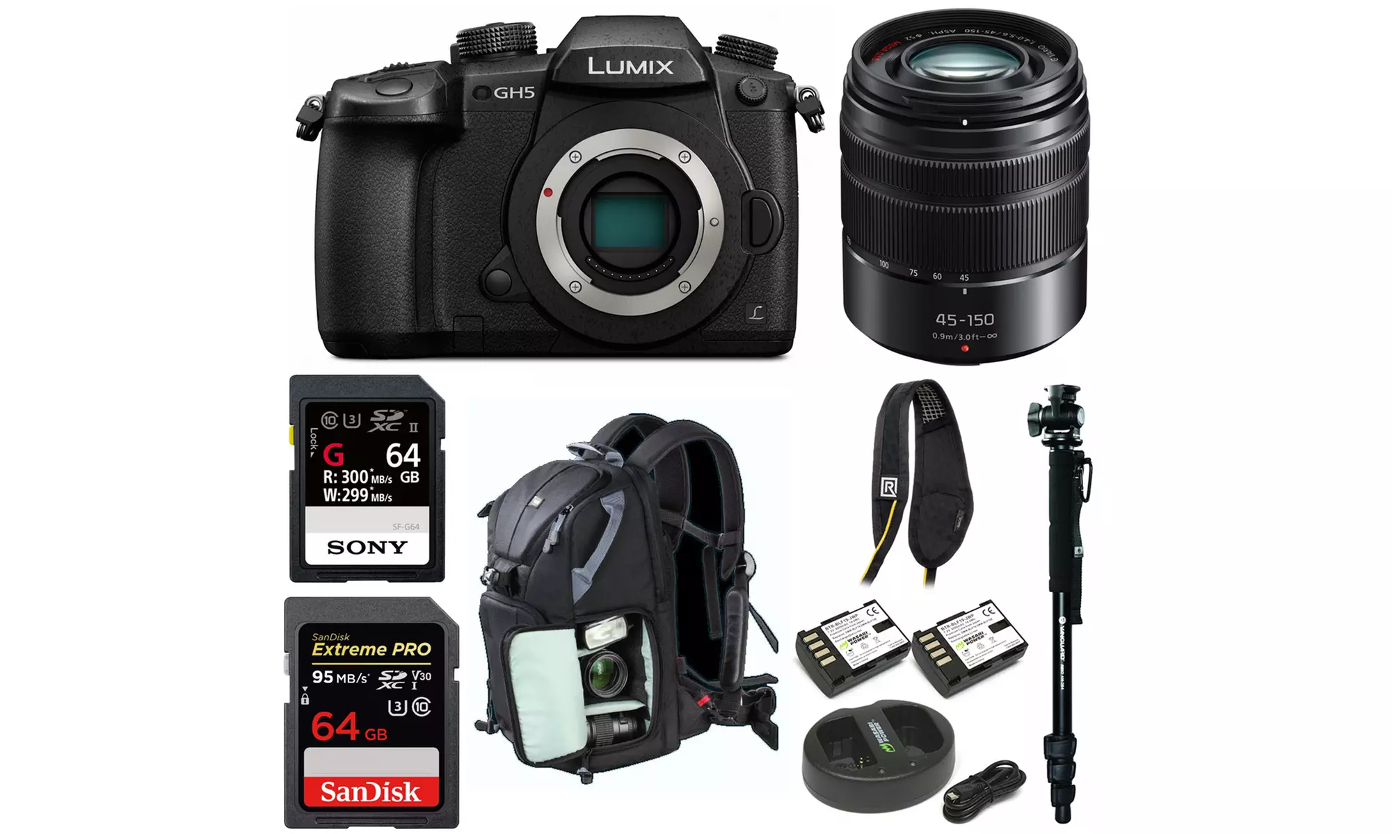 Panasonic GH5 Lumix 4K Mirrorless Camera w/ 45-150mm Lens & 64GB SD Card Bundle - Primary Image