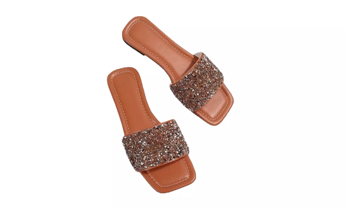 Women's Sparkly Flat Open Toe Slides 