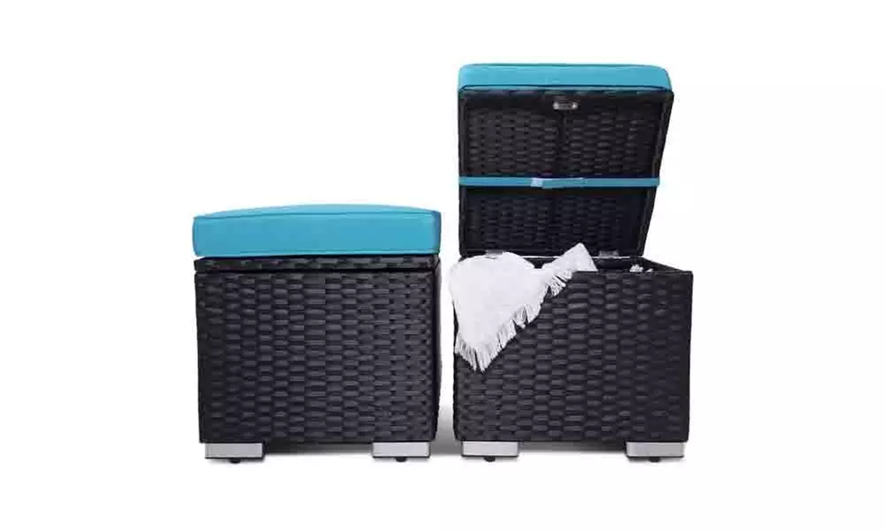 2 Pieces Outdoor Ottoman Patio Foot Rest PE Rattan Foot Stool with Storage