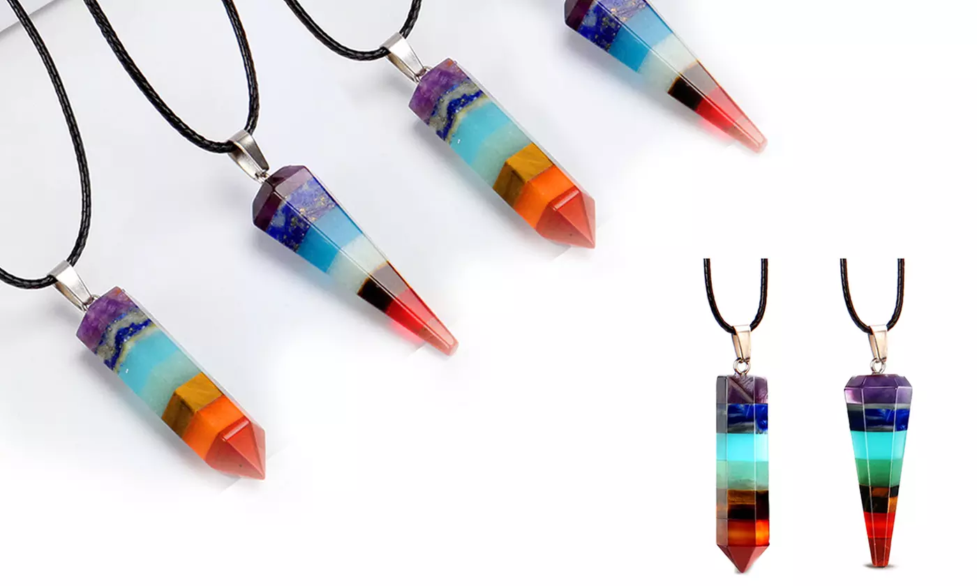 7 Chakra Stones Necklace Gemstone Pendant Energy Crystal Divination Pendulum - Primary Image
