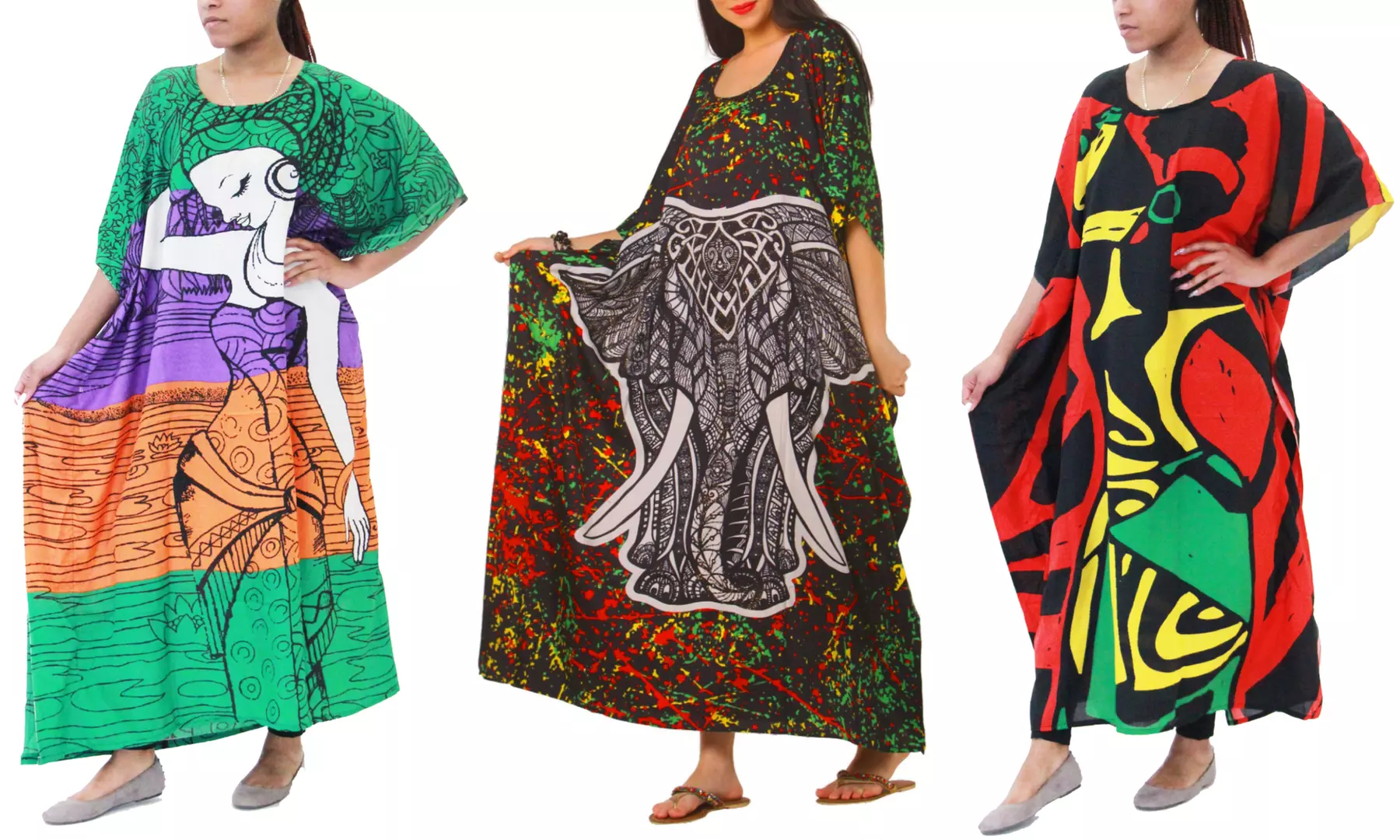 Women's Kaftan Dresses Tropical Prints Long Maxi Comfy Dress One Size Fits Most - Primary Image