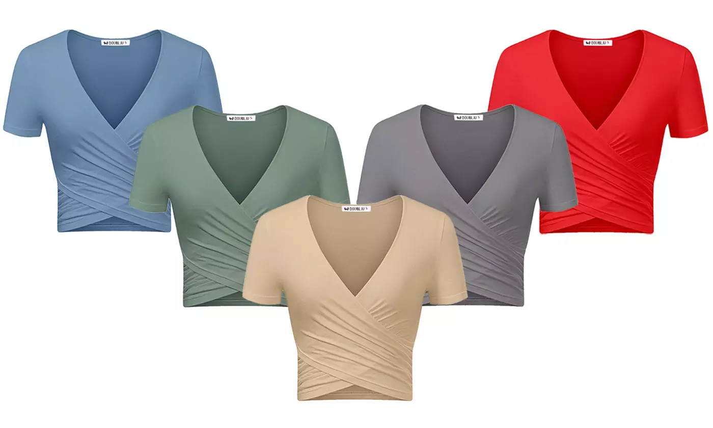 Doublju Women's V-Neck Short Sleeve Surplice Crop Top - Primary Image