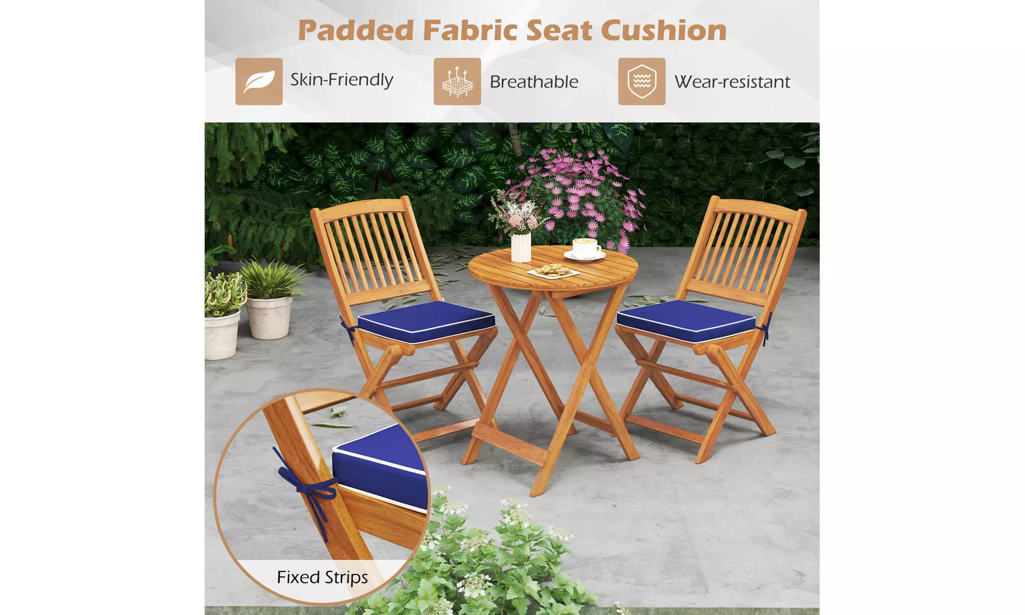 Costway Outdoor Folding Chairs Acacia Wood High-Back Chair with Seat Cushions